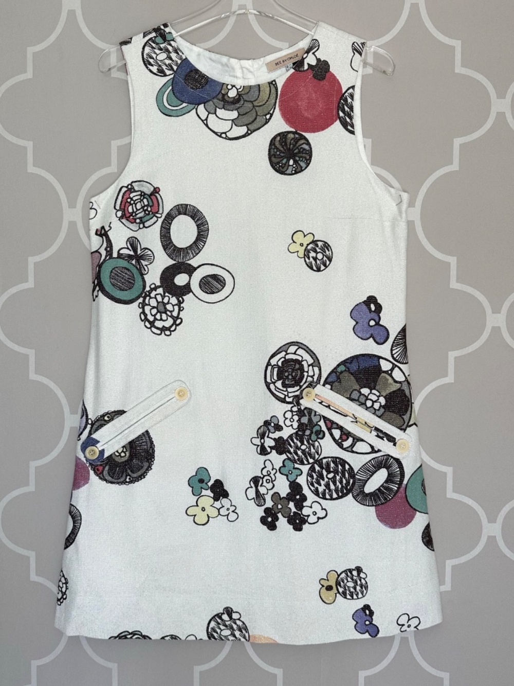 NWT See by Chloé White Graphic Sparkle Print Shift Dress Sleeveless Mini US 10 - Picture 2 of 8